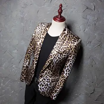 Нов леопард печат блейзъри яке фото студио костюм сцена мъжка рокля фризьор певец танцьор мъжки костюм единично палто