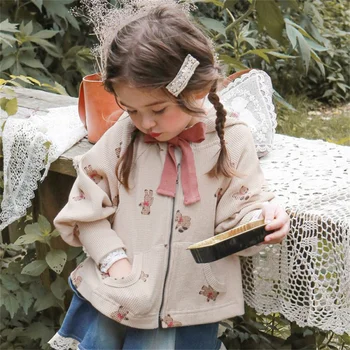 Нова пролет есен бебе момичета палто дрехи деца памук сладък животински печат качулка яке мода дете дълъг ръкав цип нагоре върховете