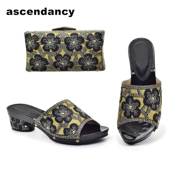 Нови африкански обувки и чанти съвпадащи комплект черен цвят италиански обувки и чанти за съвпадение обувки с чанта комплект, украсени с кристал