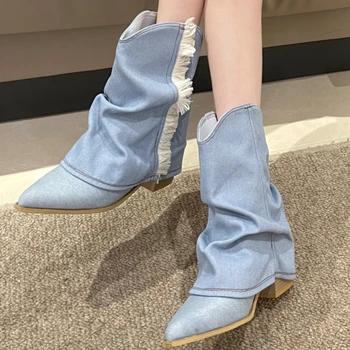 Обувки за жени 2023 Гореща продажба Есен обърната ръб приплъзване на дамски ботуши смесени цветове заострени пръсти средата петата модни ботуши