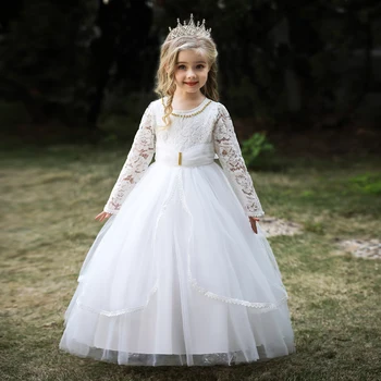 Официален бял шаферки момиче рокли лятна дантела сватба принцеса абитуриентски бал детска парти рокля за момичета дълъг ръкав рожден ден костюми