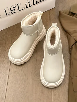 Подплатени ботуши ботуши-жени зимни обувки Австралия кръгли пръсти плюшени плоски петата памук 2023 мед сняг кожа Лолита дами