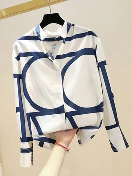 Пролет Есен Нова мода Темпераментна блуза Женска V-образно деколте с дълъг ръкав Loose Wild Blusa отпечатани шифон риза върхове DK1388