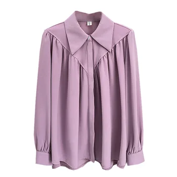 Пролет и есен 100 кг мода Питър Пан яка риза плюс размер на жените случайни плътен цвят бутер ръкав шифон блузи