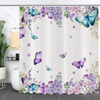 Пролетна акварел пеперуда душ завеса розов цветен люляк лилаво синьо пеперуди Начало баня екран декорация с куки