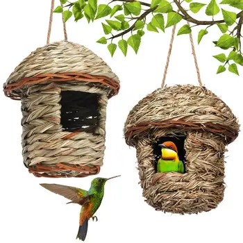Птици висящи тревни колиби декоративни с ремък ръчно тъкани места за почивка на открито висящи естествени къщички за птици Консумативи
