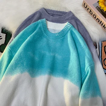 Пуловер мъжки пуловер контрастен цвят снаждане мъже пуловер дълги ръкави тънък годни младежки колеж стил екипаж врата върховете Harajuku лилаво