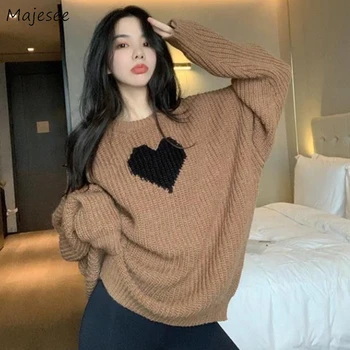 Пуловери жени сладък корейски стил хлабав O-образно деколте есенен пуловер прост сърце декорация мода всички мач Preppy мързел реколта