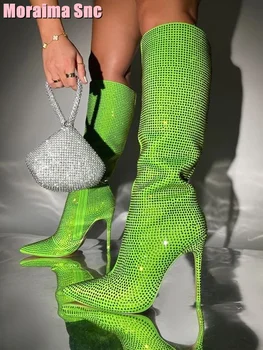 Пълен кристал Bling заострени пръсти коляното високи ботуши лимон зелен твърд страничен цип секси жени дълги ботуши дамски обувки есен зима