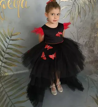 Реални снимки Пухкава детска рокля за рожден ден за момичета Цвете черен тюл перо ръкав сватбено събитие конкурс рокли