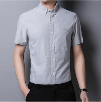 Риза с половин ръкав Мъже Slim 100% памук чист цвят райе ризи Ежедневни ризи с къс ръкав за мъже Мъжки ризи с един джоб