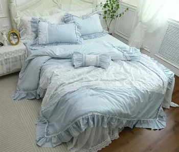 Романтична феяпанаирна бродерия цвете розово синьо спално бельо комплект,пълна кралица цар памук домашен текстил покривка възглавница калъфка юрган покритие