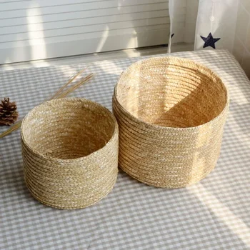 Ръчно изработена трева тъкана кошница за съхранение Настолна козметика кошница за съхранение Кръгла кутия за съхранение на домакинствата Кошници за пране за подаръци