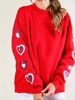 Свети Валентин суичър за жени смешно любов сърце графичен пуловер върховете искрящ дълъг ръкав Crewneck риза върховете