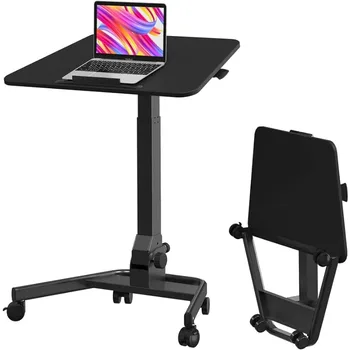 Сгъваемо мобилно стоящо бюро, пневматично регулируемо по височина подвижено бюро за сядане, 90° накланящо се преносимо бюро за лаптоп на колела