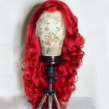 Синтетична дантела предна перука топлоустойчива червена висока плътност дълго тяло вълна черна перука без лепило косплей перуки за черни жени