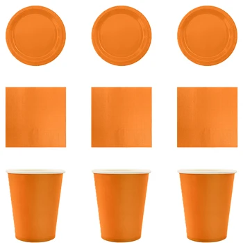 Твърди оранжеви комплекти Декорация за рожден ден Парти Хартиени салфетки за еднократна употреба Чаши Чинии Покривки за маса Парти консумативи