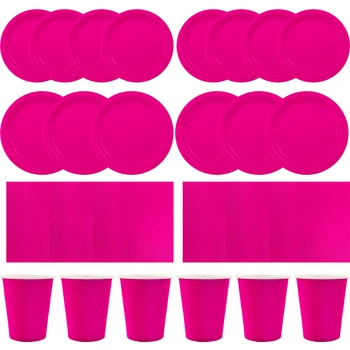 Твърди розови комплекти Декорации за рожден ден за парти за еднократна употреба Хартиени салфетки Чаши Чинии Покривки за маса Парти консумативи