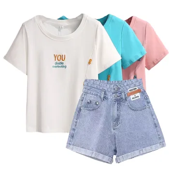 Тийнейджър Детски облекло Комплекти за момичета Летни тениски с къс ръкав + дънкови шорти Тийнейджъри Детски дрехи Екипировки