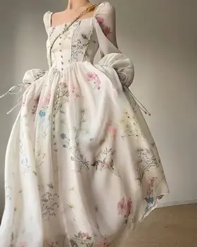 Френска рокля за печат реколта квадратна яка пролет лятна мода рокля с дълъг ръкав за жени елегантна сладка рокля Midi