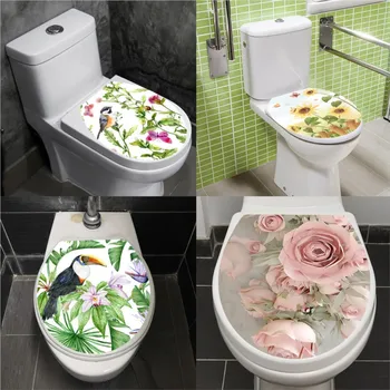 Цвете птиците тоалетна капак стикери творчески тоалетна декорация водоустойчив самозалепващи свеж цвете баня тоалетна стикер