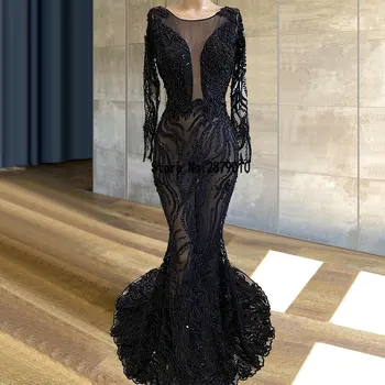 Черна русалка с дълъг ръкав вечерни рокли мюсюлмански тежки мъниста вечерни рокли Vestidos Formales официална дамска рокля