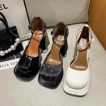 Черни високи токчета 2023 Най-новите обувки платформа Дамски дебели токчета Мери Джийн обувки Дамски квадратни глави високи токчета Дамски обувки