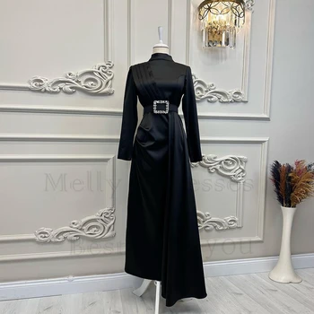 Черни сатенени вечерни рокли за жени Пълен ръкав Линия високо деколте абитуриентски рокли колан реална картина глезена дължина Vestido De Noche