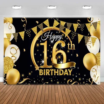 Честит 16-ти рожден ден парти декорация плат черно злато знак плакат за годишнина снимка фон фон банер фотография