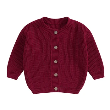 бебе момче момичета плета жилетка дълъг ръкав кръг врата плътен цвят бутон надолу пуловер бебе есен зимни дрехи