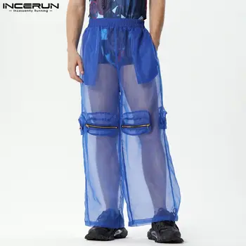 парти клубно облекло стил мъжки панталони INCERUN 2023 тънка мрежа перспектива джоб цип панталони свободно време широк крак дълъг панталон S-5XL