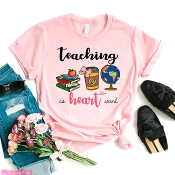 преподаването е сърдечна работа Преподавайте любов вдъхновявайте-учител любов студент подарък тениска Мода дамска тениска Смешни 90s момичета тениска върхове