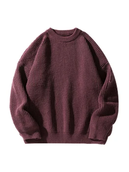 японски ретро плътен цвят всички мач кръг врата трикотажни пуловери мъжки есен зима хлабав случайни пуловери дъно ризи